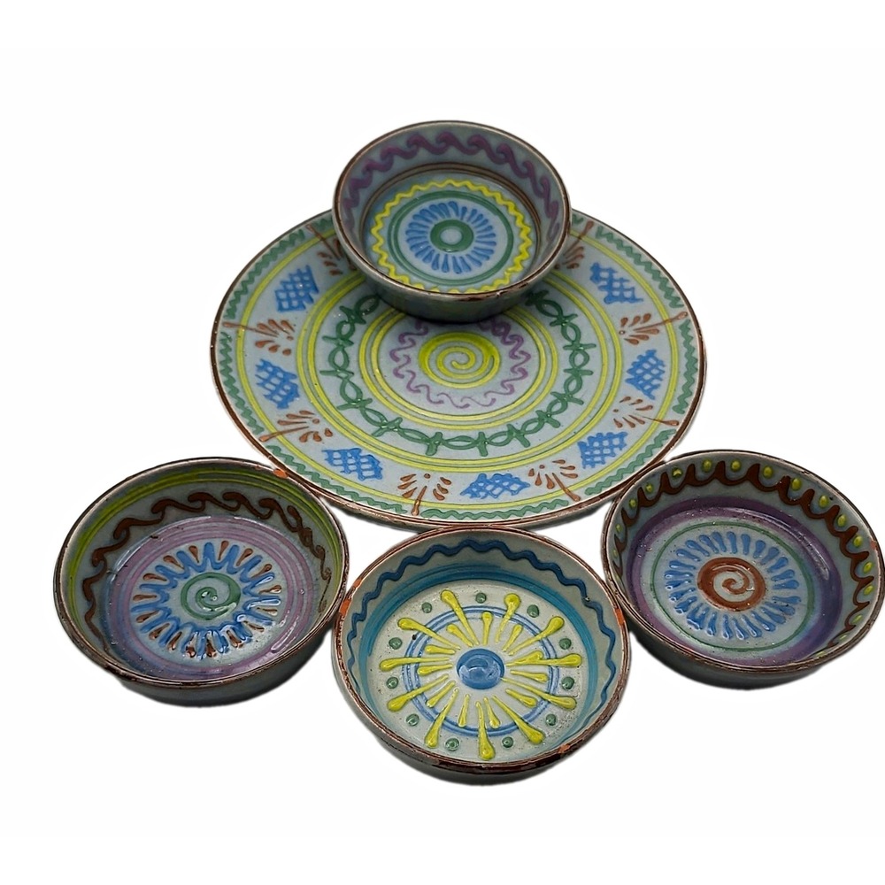 Vintage Moroccan Safi Pottery 5-Pc Set • Large Wall Plate & 4 Nesting Bowls